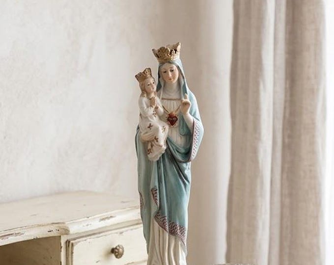 Statue of Saint Anne, 25 cm (9.84 inches) in alabaster powder, wooden base, hand-decorated, made in Italy