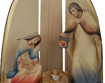 Complete Alpi nativity scene, carved in Valgardena wood, with niche, various sizes available, Italian artisan production