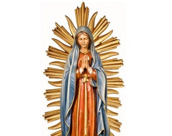 Statue of Our Lady of Guadalupe carved from Valgardena wood, hand-decorated and handcrafted in Italy.