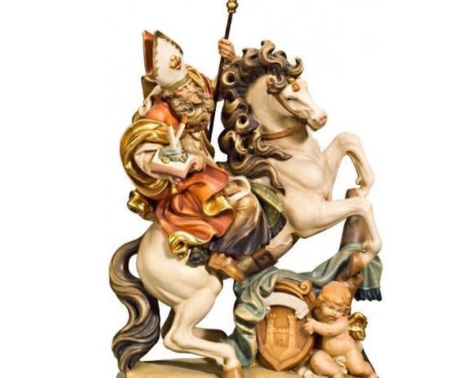 Statue of San Biagio on horseback carved in Valgardena wood and hand-decorated, of Italian artisan production