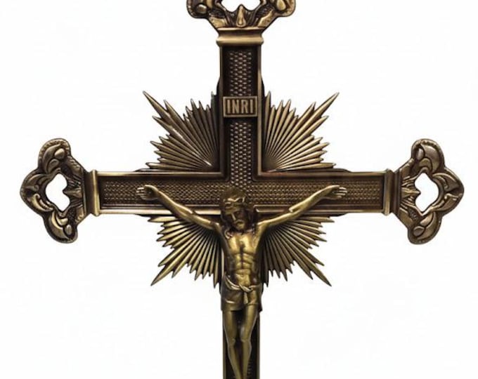 Crucifix cross with base, 38.5 x 20.5 cm (15.15 x 8.07 inches) in silver or bronze metal, handcrafted