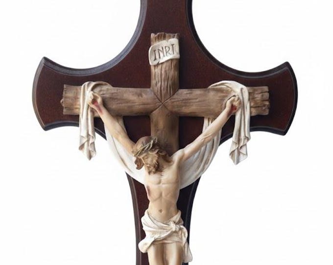 Freestanding crucifix cross, 51 x 28.5 cm (20.07 x 11.22 inches) wood with marble resin body, hand-decorated, artisanal production