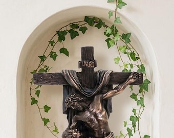 Freestanding Crucifix of St. Francis of Assisi, 29 cm (11.41 inches) in bronzed resin marble, handcrafted