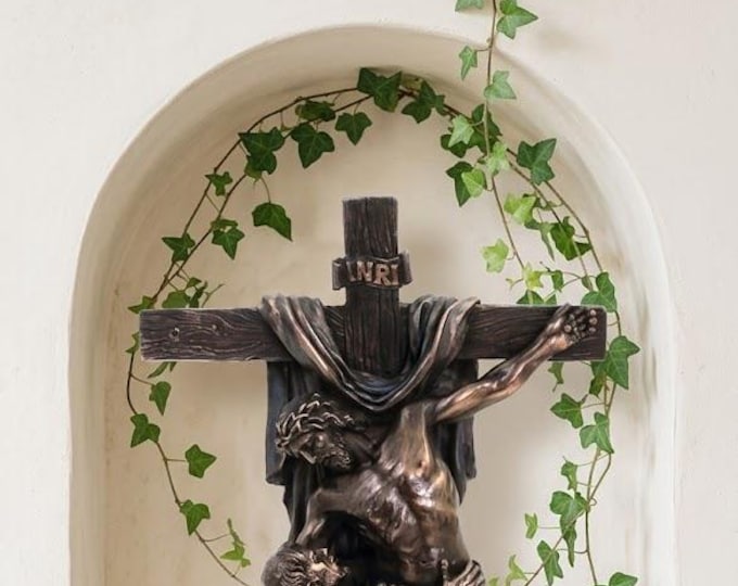 Freestanding Crucifix of St. Francis of Assisi, 29 cm (11.41 inches) in bronzed resin marble, handcrafted in Italy