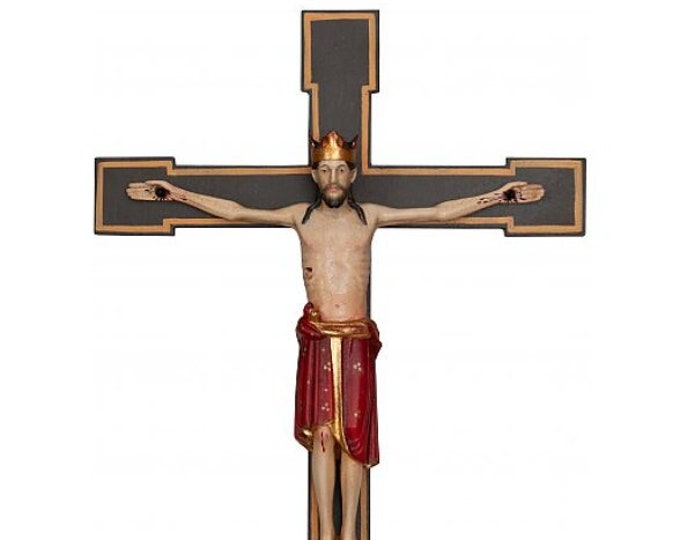 Romanesque Christ the King crucifix carved in Valgardena wood and decorated by hand, various sizes, of Italian artisan production
