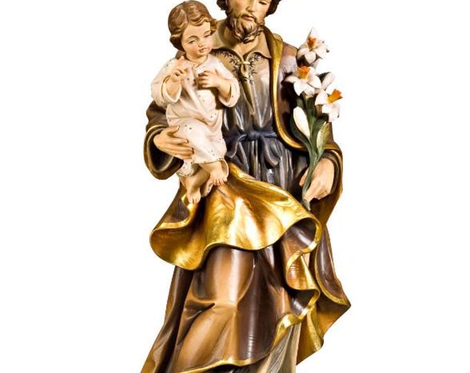 Statue of Saint Joseph with baby Jesus carved in Valgardena wood and hand-decorated, Italian artisan production.