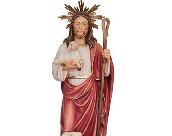 Statue of Jesus the Good Shepherd with halo, carved in Valgardena wood and hand-decorated, of Italian artisan production