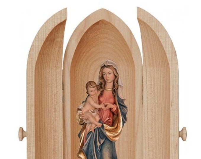 Statue of the Madonna dei Monti with baby Jesus in a niche, carved in hand-decorated Valgardena wood, Italian production