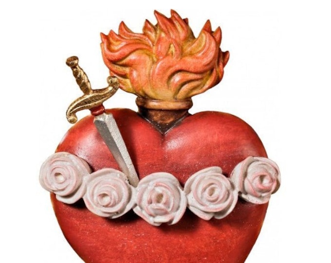 Sculpture of the Sacred Heart of Mary with dagger, carved in Valgardena wood, hand decorated, Italian production