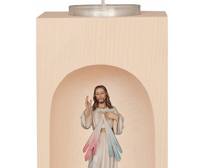 Candle holder with sculpture of Merciful Jesus, carved in Valgardena wood, hand decorated, Italian production