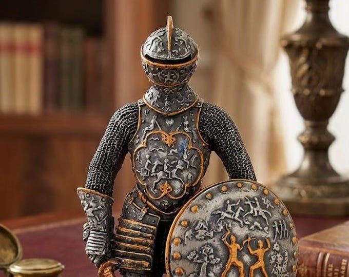 Classical sculpture Medieval Soldier with ancient Greek armor, 11 cm (4.33 inches) in solid pewter, hand decorated, made in Italy