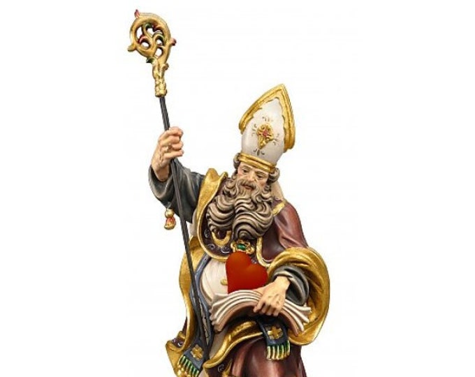 Statue of Saint Augustine with heart carved in Valgardena wood and hand-decorated, of Italian artisan production
