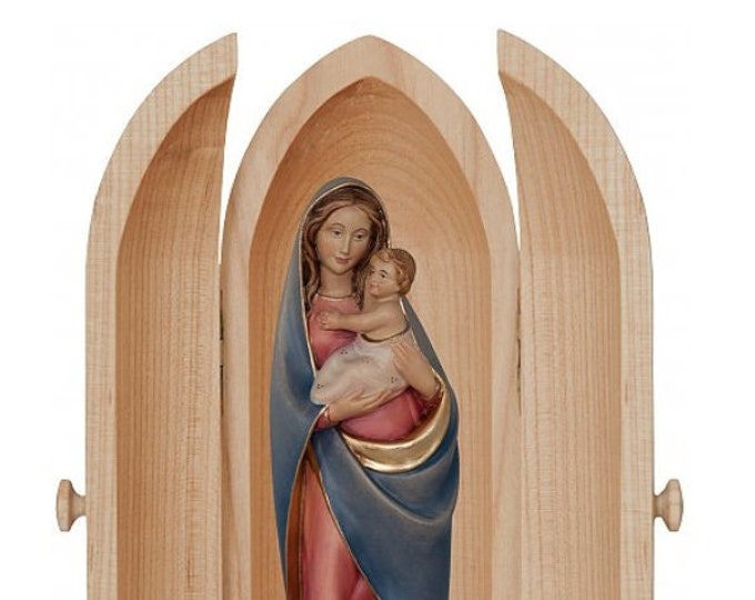 Statue of the Madonna della Buontà with baby Jesus in a niche, carved in hand-decorated Valgardena wood, Italian production