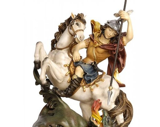 Statue of Saint George carved in Valgardena wood and decorated by hand, of Italian artisan production