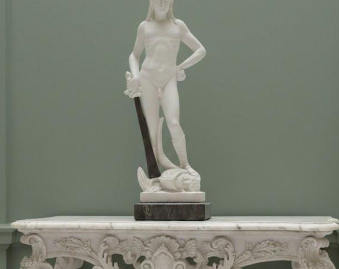 Classical sculpture "David by Donatello", 30 cm (11.81 inches) in alabaster powder, marble base, handcrafted, made in Italy