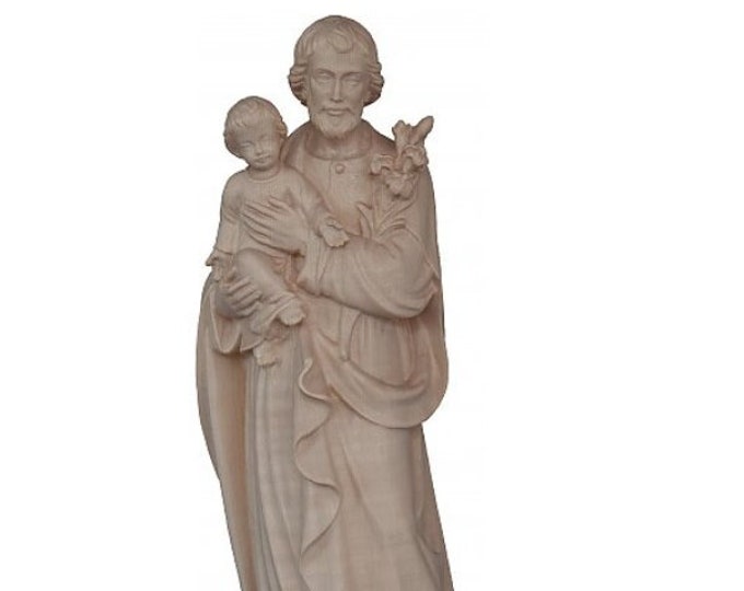 Statue of Saint Joseph with baby Jesus carved in natural wood from Valgardena, handcrafted in Italy