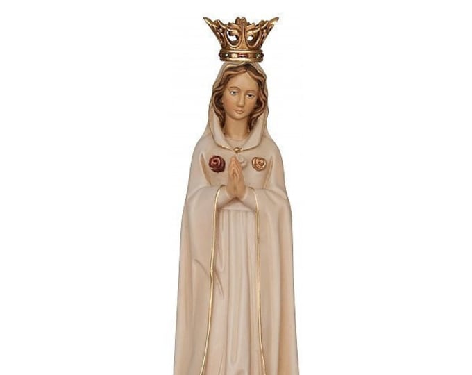 Statue of the Madonna Maria Rosa Mistica carved in Valgardena wood and hand decorated, Italian artisan production