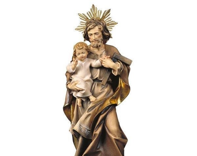 Statue of Saint Joseph with baby Jesus carved in Valgardena wood and hand-decorated, of Italian artisan production
