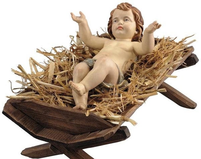 Sculpture statue of baby Jesus with cradle, carved in Valgardena wood and hand decorated, Italian artisan production