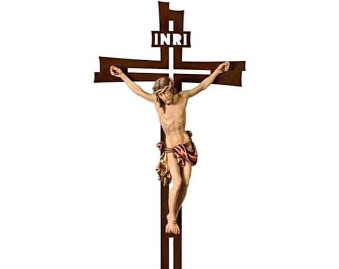 Crucifix with rays with Baroque Christ, carved in wood from Valgardena decorated by hand, various sizes, of Italian craftsmanship