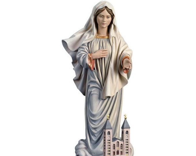 Statue of Our Lady of Medjugorje with carved wooden church of Valgardena and hand-decorated with Italian handicraft production