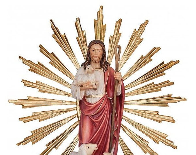 Statue of Jesus the Good Shepherd 34 cm (13.39 inches) with rays carved in Valgardena wood, hand decorated, Italian production