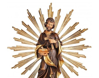 Statue of St. Joseph the worker with rays carved in hand-decorated Valgardena wood, Italian production