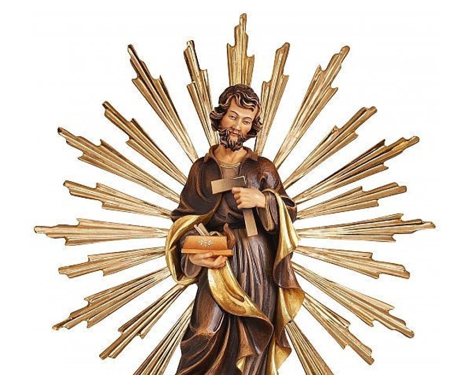 Statue of St. Joseph the worker with rays carved in hand-decorated Valgardena wood, Italian production