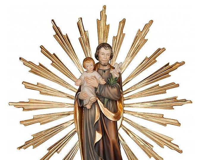 Statue of Saint Joseph with child 34 cm (13.39 inches) with rays carved in Valgardena wood, hand decorated, Italian production