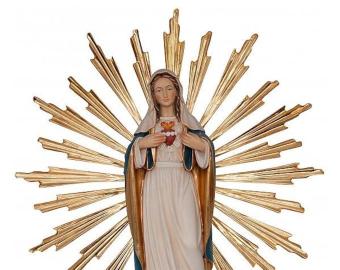 Statue of Our Lady of the Sacred Heart of Mary 34 cm (13.39 inches) with rays carved in Valgardena wood, hand decorated, Italian production