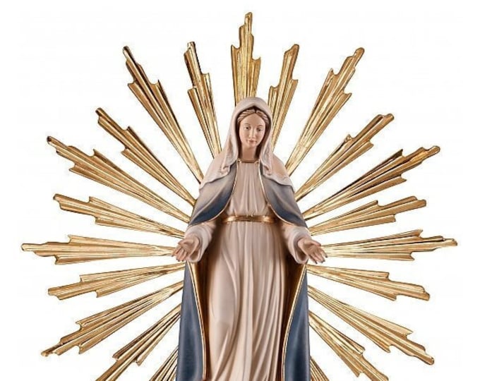Miraculous Madonna Statue 34 cm (13.39 inches) with rays carved in Valgardena wood, hand decorated, Italian production