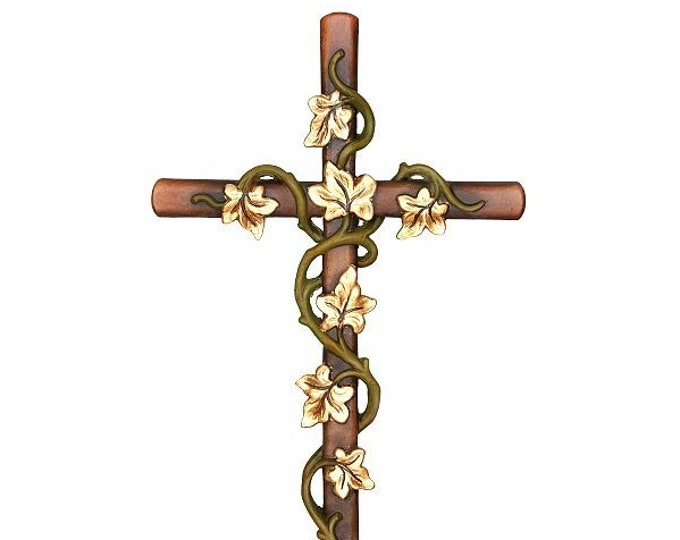 Ivy cross crucifix, carved in Valgardena wood and decorated by hand, various sizes, of Italian artisan production