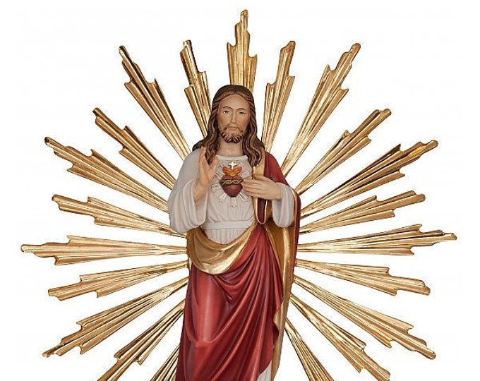 Statue of Jesus the Sacred Heart 34 cm (13.39 inches) with rays carved in Valgardena wood, hand decorated, Italian production