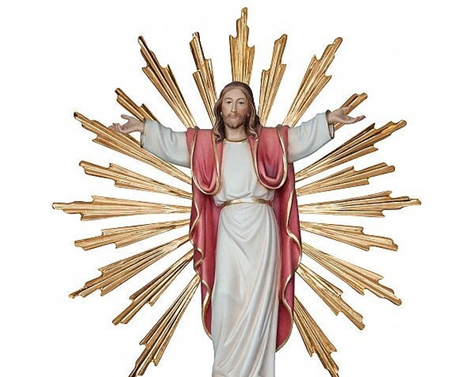 Statue of the Risen Jesus Christ 39 cm (15.35 inches) with rays carved in Valgardena wood, hand decorated, Italian production