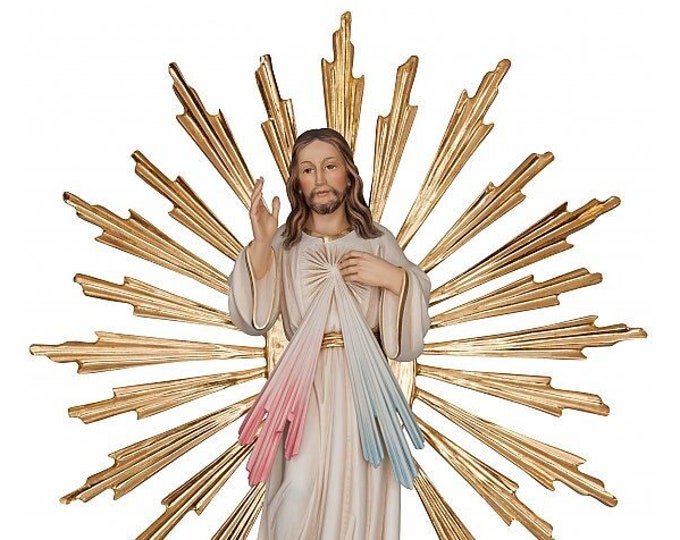 Statue of Merciful Jesus 34 cm (13.39 inches) with rays carved in Valgardena wood, hand decorated, Italian production