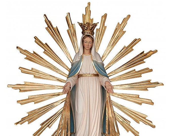 Miraculous Madonna Statue 36 cm (14.02 inches) with rays carved in Valgardena wood, hand decorated, Italian production