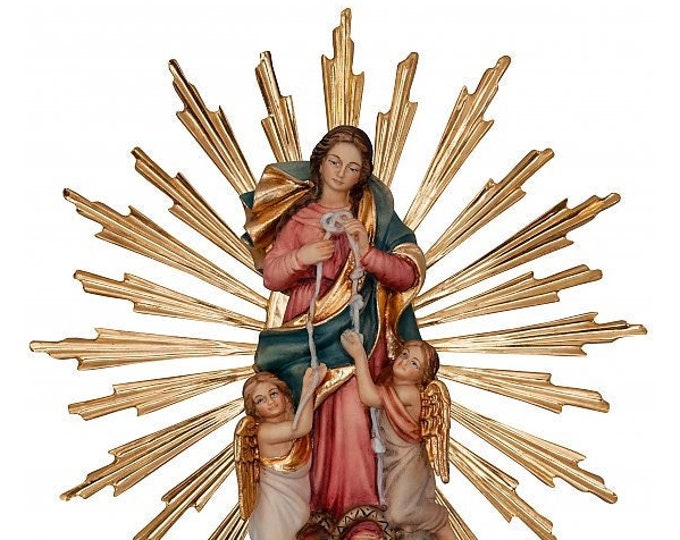Statue of the Madonna Maria Untier of Knots 33 cm (12.99 inches) with rays carved in Valgardena wood, Italian production