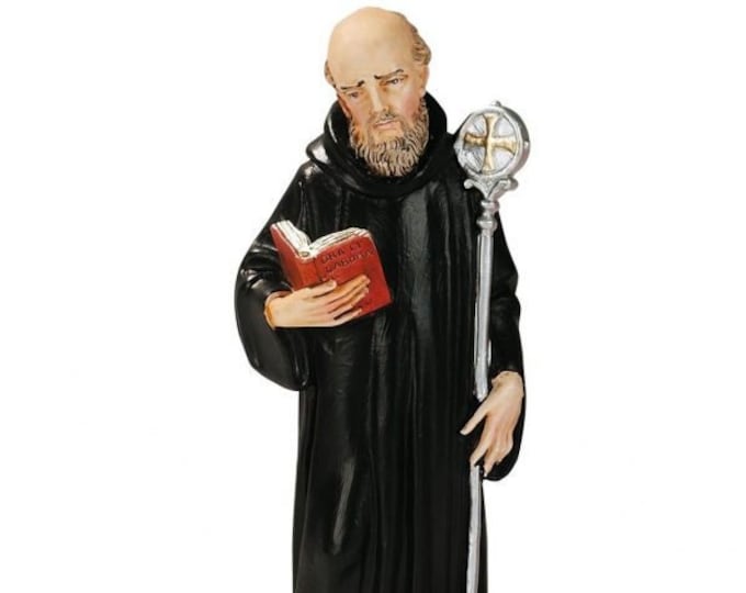 Statue of Saint Benedict of Nursia 16 cm (6.29 inches) in hand-decorated full resin marble of Italian artisan production