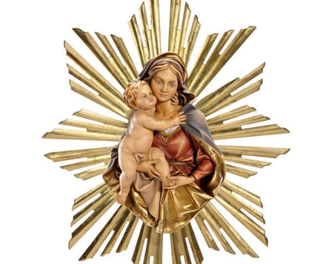 Sculpture Madonna with child and ray to hang carved in wood of Valgardena decorated by hand hand hand production