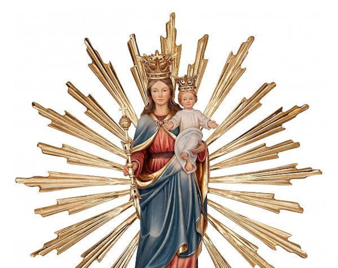 Statue of the Madonna Help of Christians 36 cm (14.17 inches) with rays carved in Valgardena wood, hand decorated, Italian production