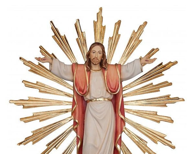 Statue of the Risen Jesus Christ 33 cm (12.99 inches) with rays carved in Valgardena wood, hand decorated, Italian production