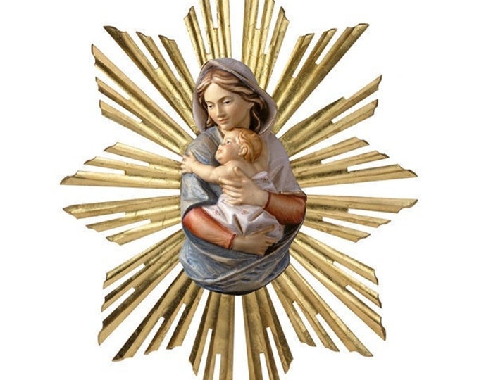 Sculpture Madonna with child and ray to hang carved in wood of Valgardena decorated by hand hand hand production
