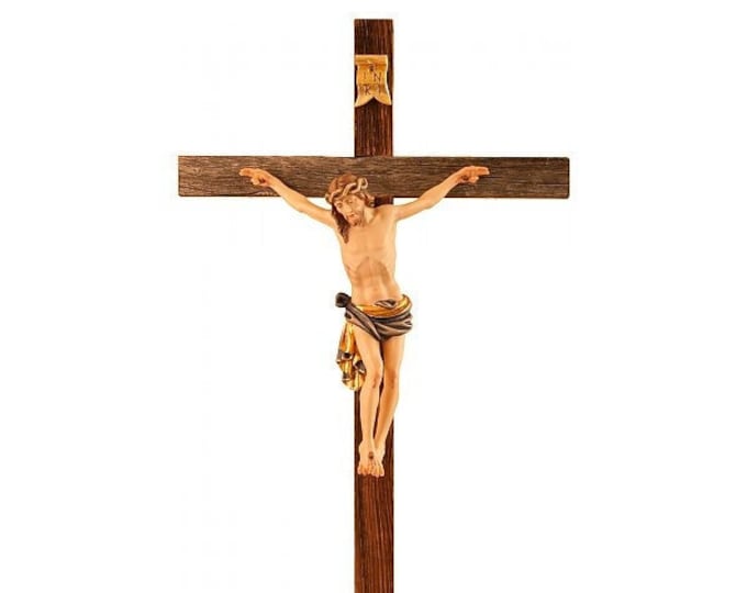 Crucifix cross Dolomites, carved in wood of Valgardena and decorated by hand, various sizes, of Italian artisan production