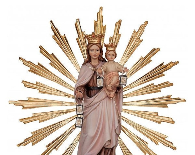Statue of Our Lady of Mount Carmel, Carmelo 36 cm (14.17 inches) with rays carved in Valgardena wood, hand decorated, Italian production