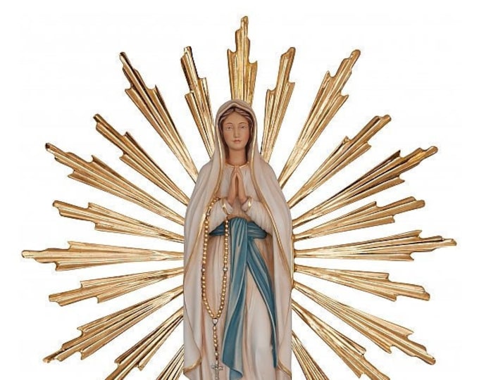 Madonna of Lourdes statue 34 cm (13.39 inches) with rays carved in Valgardena wood, hand decorated, Italian production