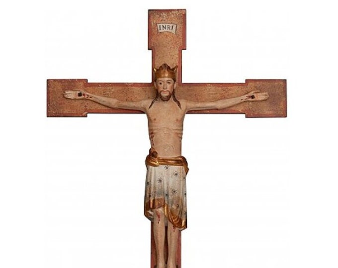 Romanesque Christ the King crucifix carved in Valgardena wood and decorated by hand, various sizes, of Italian artisan production