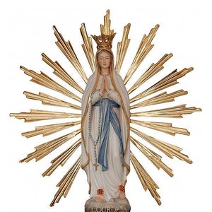 Madonna of Lourdes statue 36 cm (14.17 inches) with rays carved in Valgardena wood, hand decorated, Italian production