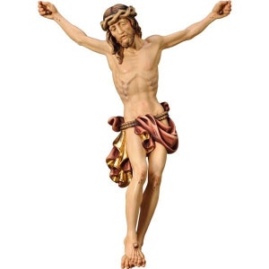 Statue baroque du corps de Jésus-Christ, sculptée dans du bois de Val Gardena et décorée à la main de production artisanale italienne