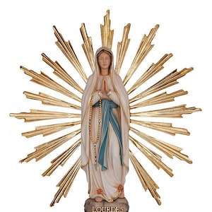 Madonna of Lourdes statue 34 cm (13.39 inches) with rays carved in Valgardena wood, hand decorated, Italian production