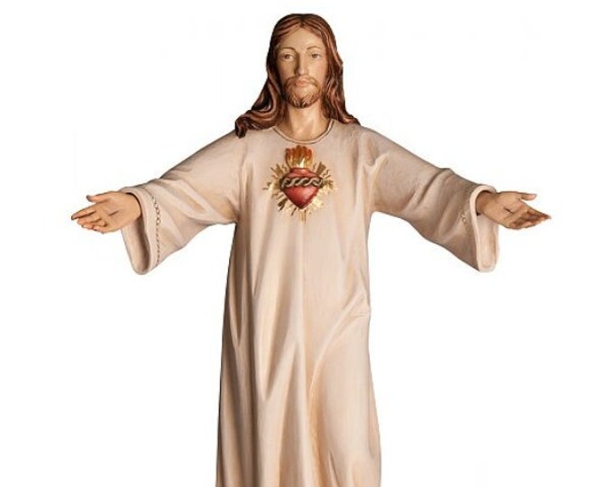 Welcoming statue of the Sacred Heart of the Risen Jesus, carved in Valgardena wood and hand-decorated, of Italian artisan production